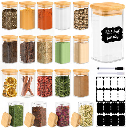 TBWIND 20 Pack 8 oz Square Glass Spice Jars with Lids and Labels – Airtight Small Spice Containers Set, Clear Glass Storage Jars for Seasoning, Spices, Kitchen Pantry Organization