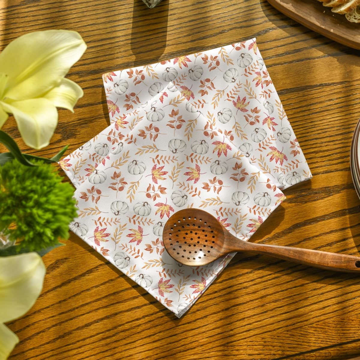 Horaldaily Fall Cloth Napkins 18 x 18 Inch, Thanksgiving Autumn Harvest White Pumpkin Orange Leaf Party Dinner Decoration Washable Napkins Set of 6