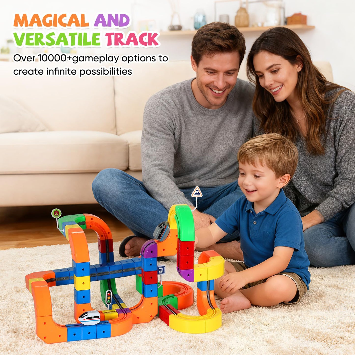 Electric Train Set for Kids Flexible Race Track Toy DIY 3D Embedded Layouts & Motorized Car 3-8 Year Old Boys Girls Toys STEM Learning Gift (123Pcs,2 Car)