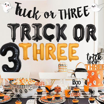 Trick or Three Theme Halloween 3rd Birthday Party Decorations Number 3 Trick or Three Foil Balloons Banner Garland Orange Black Cake and Cupcake Toppers for Halloween 3rd Birthday Party Decor Supplies
