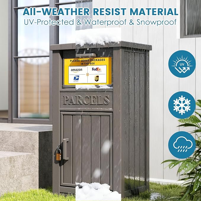 Package Delivery Box for Outside with Sign, Large Lockable & Weatherproof Anti-Theft Parcel Drop Box for Porch, Curbside, House Storage, Gray(60 Gallon with Sign)