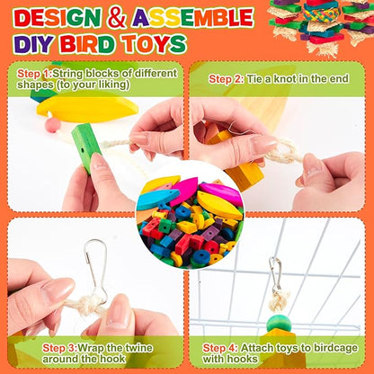 Shappy Large Bird Toy Making Kit, 228 Pcs DIY Parrot Toys Supplies, Natural Wood Chewing Blocks Beads Rope Bell Set for Macaw, Cockatiel, African Grey, Parakeet Cage Enrichment