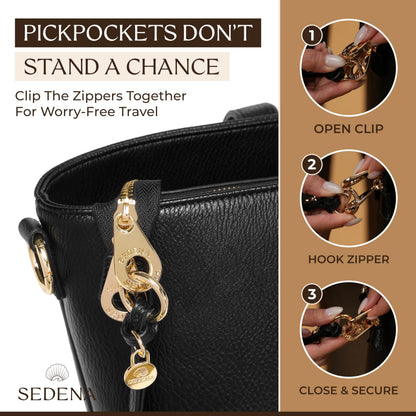 sedena Women’s 16” Laptop Tote Bag – Black Vegan Leather Work Bag with Cupholder, RFID Pockets, Anti-Pickpocket Zipper, Travel Tote with Trolley Sleeve & Detachable Laptop Sleeve