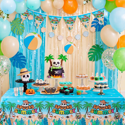 Hahafelt 3 Pack Summer Halloween Decorations Plastic Tablecloth Tropical Gothic Halloween in Summer Spooky Ghost Skull Pumpkin Table Cover for Beach Party Home Kitchen Decor 54 x 108 Inch(Beach)