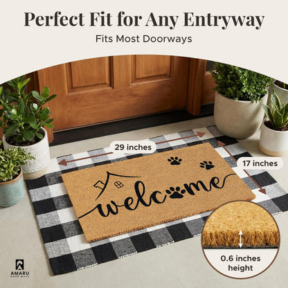 AMARU DOOR MATS - Natural Coir Door Mat, Minimal Shedding, Heavy Duty Non-Slip Welcome Mat for Front Door, Outside Entrance, Porch & Entryway (17x29, Welcome Paws)