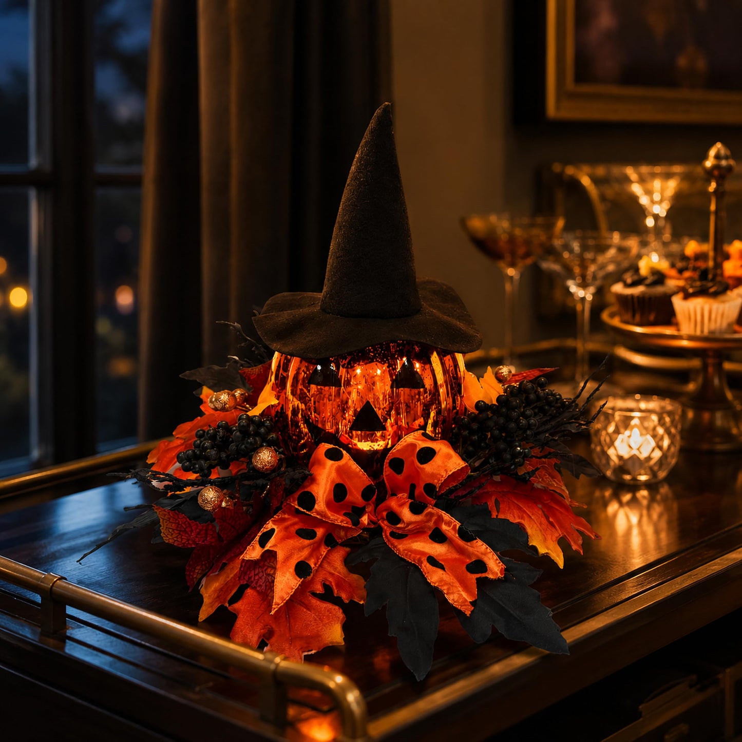 Svndlyn 15 Inch Lighted Halloween Pumpkin Decor with Witch Hat and Bow