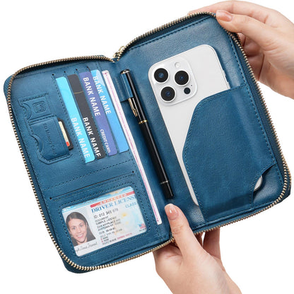 GOIACII Passport Wallet Travel Crossbody Bags for Women Wristlet Phone Purse Double Zip Vegan Leather Blue