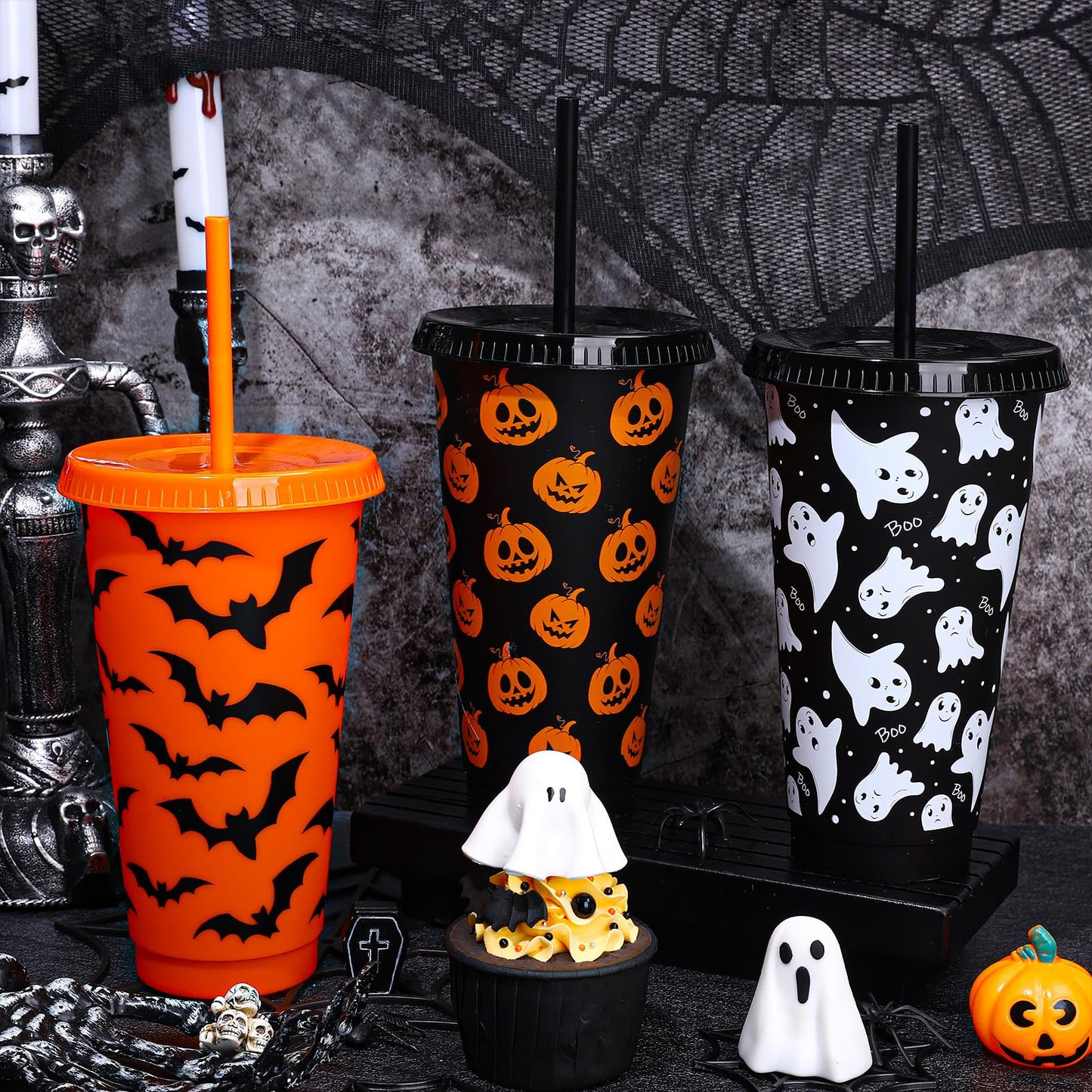 Whaline 12 Pcs Halloween Plastic Tumbler with Lids Straws Pumpkin Ghost Bats Reusable Cups 24oz Black Orange Travel Mug Cups for Iced Coffee Drinks Holiday Horror Party Supplies