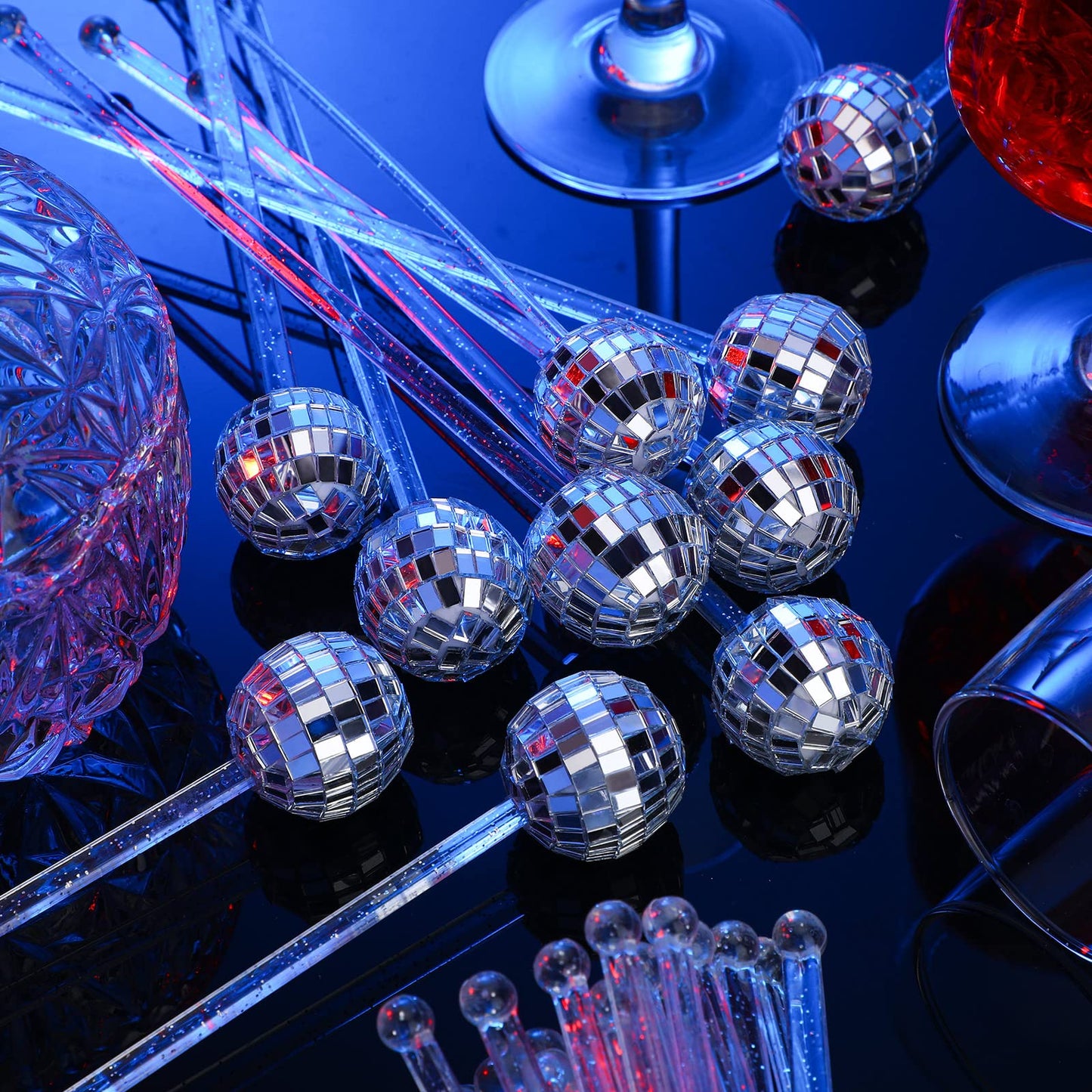 Sawysine 48 Pcs Disco Party Decorations Disco Ball Cocktail Stirrers 8 Inch Silver Mirror Ball Stir Sticks Beverage Coffee Drink Stirrer for 70s 80s Bachelorette Wedding Birthday Party(Silver)