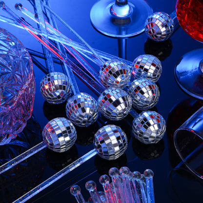 Sawysine 48 Pcs Disco Party Decorations Disco Ball Cocktail Stirrers 8 Inch Silver Mirror Ball Stir Sticks Beverage Coffee Drink Stirrer for 70s 80s Bachelorette Wedding Birthday Party(Silver)