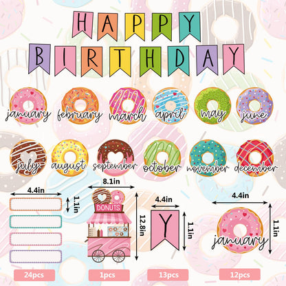 JarThenaAMCS 62 Pcs Donut Cut-Outs with Glue Points Happy Birthday Cutouts Sweet Donut Time Paper Cutting for Party Supplies Classroom Back to School Bedroom Bulletin Board Decor