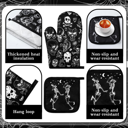 Fourluoo 16 Pcs Halloween Kitchen Decor and Accessories Set Black Skeleton Kitchen Towels and Dishcloths Non Slip Rugs Mats Oven Mitts and Pot Holders Scary Curtains Set for Home Decoration Gift