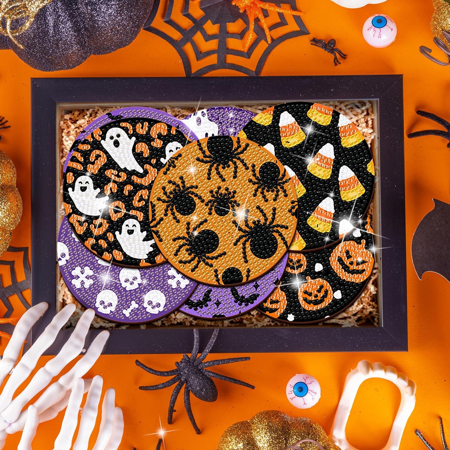 8 PCS Halloween Coasters with Holder - DIY Diamond Art Kit for Beginners, Adults, Kids (Halloween-2)