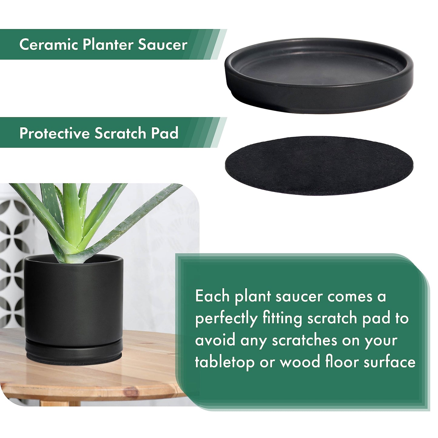 D'vine Dev Modern Round 8.7 Inch Ceramic Plant Pot Saucer, Planter Pot Drainage Tray for Indoor Plants, Matte Black, 97-T-B-4