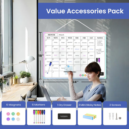Lumspax Monthly Whiteboard Calendar for Wall, 24" x 18" Dry Erase Board with Plastic Frame, Hanging Dry Erase Calendar with 3 Mini Sticky Notes for Kitchen Planner, Memo, Home and Office, Colorful