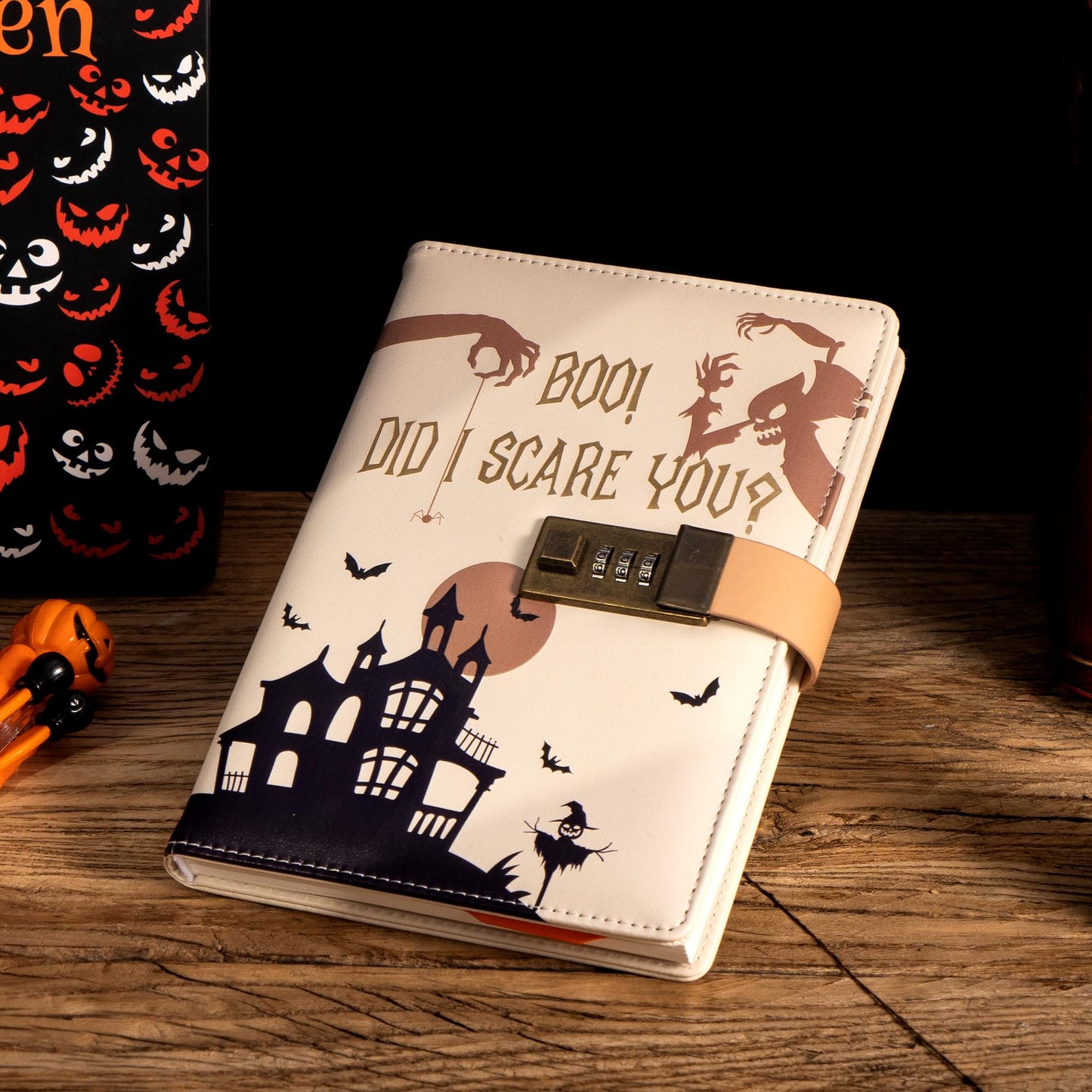 CAGIE Journal with Lock for Women Men, A5 Locked Journal with Pumpkin Pen Set, Halloween Notebook with Combination Lock 192 Pages Diary with Lock, 5.7x 8.3 Inches, White