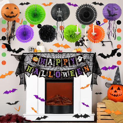 Trgowaul Happy Halloween Decorations Set, 48pcs Halloween Party Supplies, Banner, Paper Fans, Ppaper Lanterns, 3D Bat Sticker, Spider Cobweb Table Cover Fireplace Decor KIt