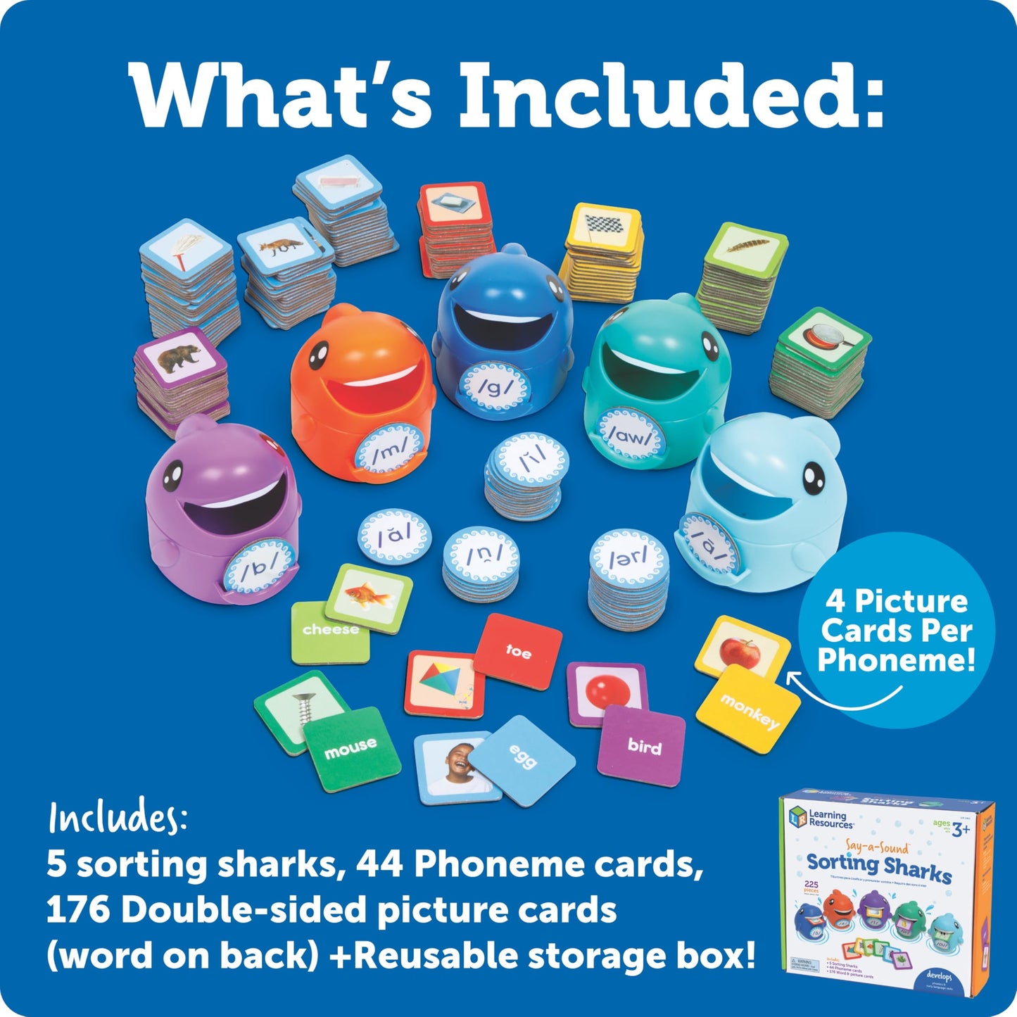 Learning Resources Say-a-Sound Sorting Sharks - Montessori Toys, Kindergarten Learning Activities, Phonemic Awareness Flash Cards, Dyslexia Tools for Kids, Speech Therapy Materials, Learn to Read