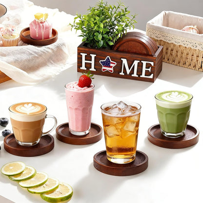 PurpleSwan 4 Pcs Wood Coasters for Drinks with Holder, Interchangeable Home Sign Green Plants Potted Wooden Coaster Set, for Farmhouse Office Bar Drink Coffee Coasters Table Decor.