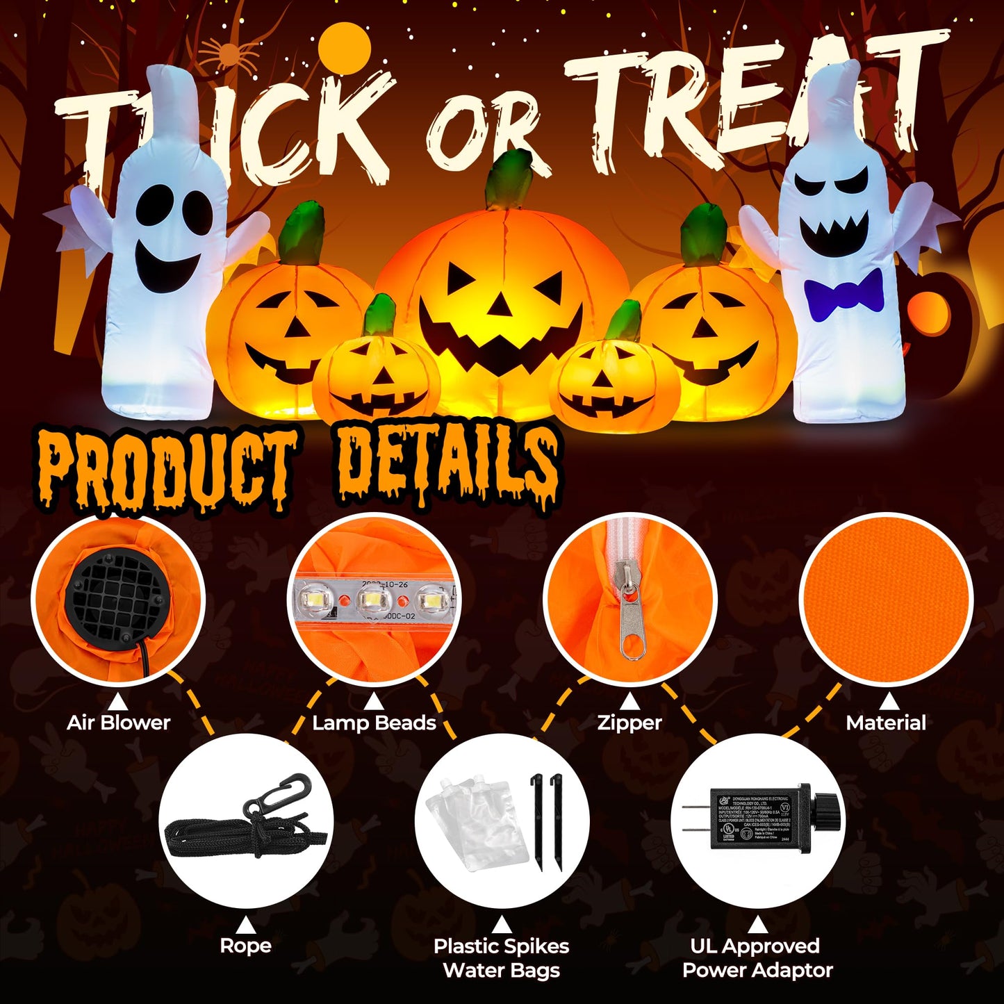 GIGALUMI 7.5FT Inflatable Halloween Decorations Pumpkin, Inflatable Pumpkin Decor Outdoor, Halloween Blow Up Pumpkins for Outside,Party,Garden(Cold White,7 Built-in LED Lights Set)