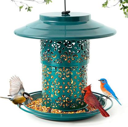 Metal Bird Feeders for Outdoors Hanging, Weather Resistant Wild Bird Feeder with 360 Degree Feeding Tray (Green)
