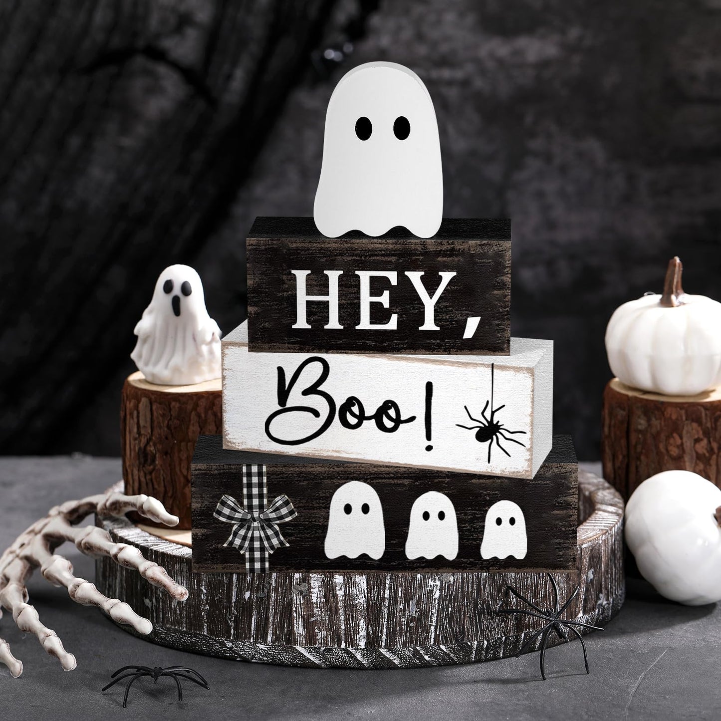Cinnvoice 4 Pcs Halloween Table Decorations Ghost Tiered Tray Decor Farmhouse Ghost Tabletop Centerpiece Rustic Wooden Block Sign Gift Halloween Decor for Home Office Mantel Kitchen Shelf(Pretty)