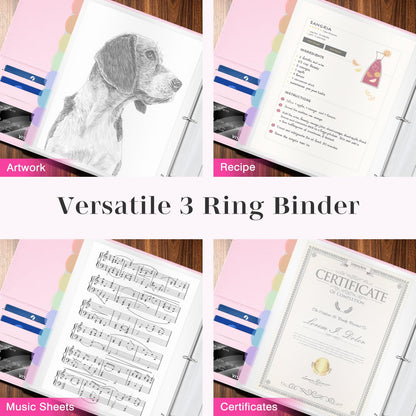 Ospelelf Leather Binder with 58 Plastic Sleeves, 3 Ring Presentation Binder for 8.5x11, Portfolio Organizer with 8 Tabbed Sleeves & Zipper Pocket for Documeents, Artwork, Certificates Pink