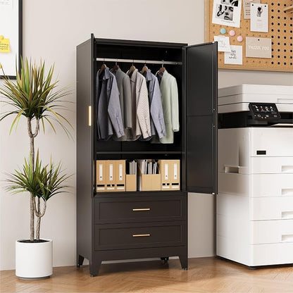 COFaR Black Metal Wardrobe Closet with 2 Drawers, 71" Steel Armoire Cabinet with Hanging Rod & Adjustable Shelf, Modern Freestanding Closet Organizer with Doors