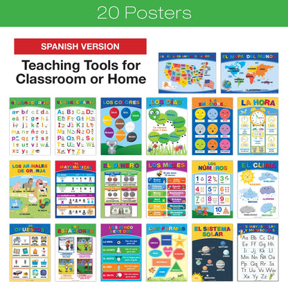Global Printed Products, 20 Large Educational Posters For Kids (16.5x12 Double Sided English/Spanish) Alphabet Colors Letters Numbers Shapes Months Days Weather Time Animals Solar System Seasons Map