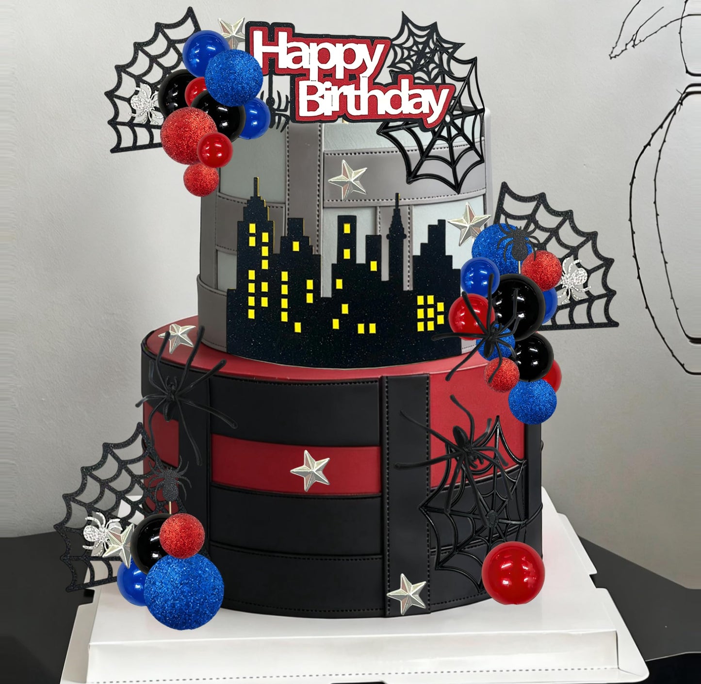 Tyotrbs Spider Cake Topper Spider Web Cake Decoration Spiders Theme Cake Decor Happy Birthday Toppers Stars Red Blue Balls Cupcake Topper for Hero Party Supplies