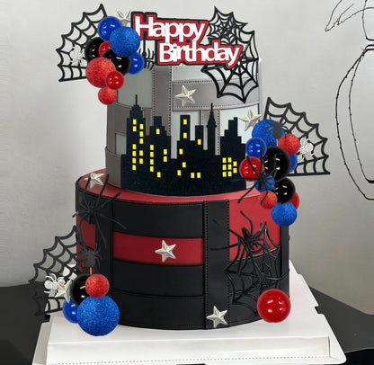 Tyotrbs Spider Cake Topper Spider Web Cake Decoration Spiders Theme Cake Decor Happy Birthday Toppers Stars Red Blue Balls Cupcake Topper for Hero Party Supplies