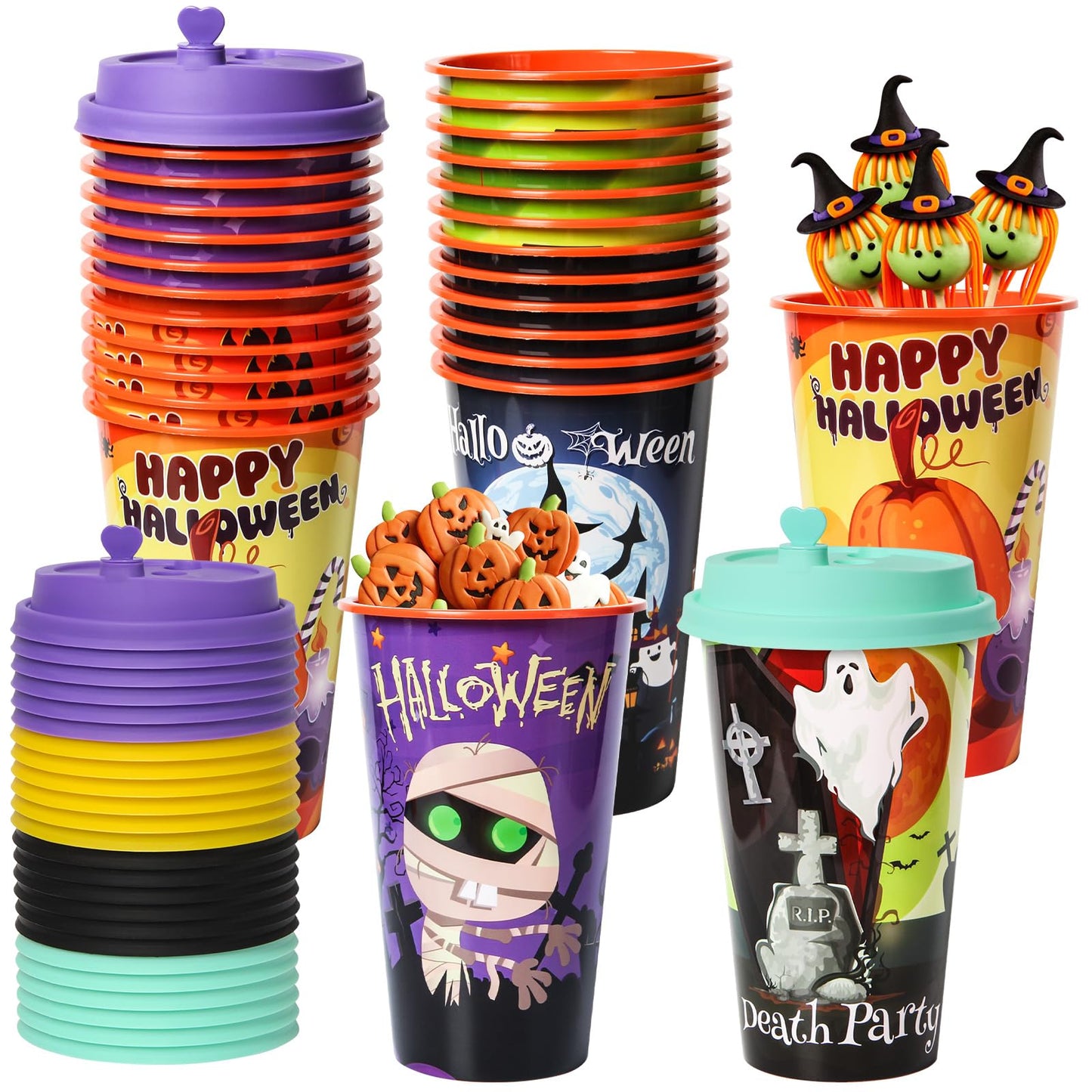 FZR Legend 24 Pack Halloween Party Favors Goodie Cups - Bats, Ghost, Cats, Pumpkin, Witch, Spider Patterns - 16OZ Reusable Plastic Cups With Lids and Plugs for Party Decorations