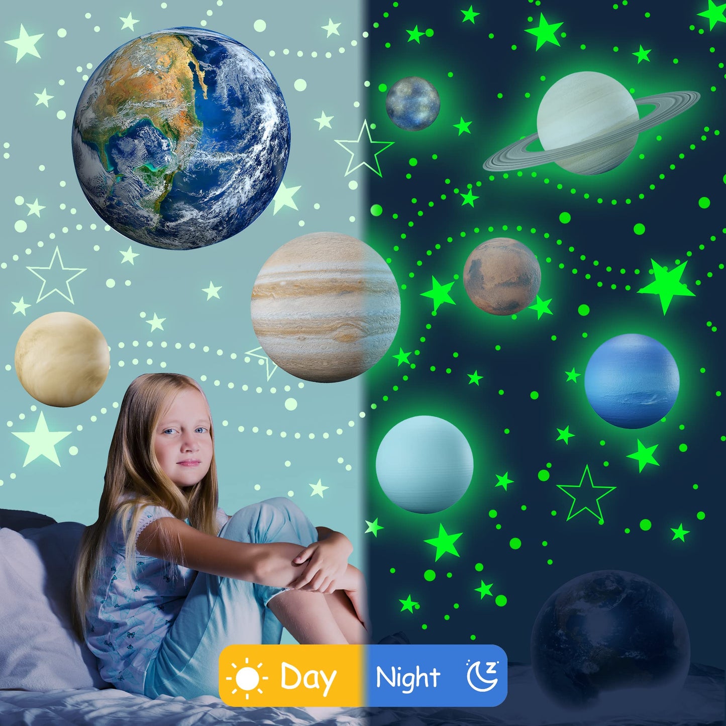 Glow in The Dark Stars Solar System Wall Decals, The Earth Wall Stickers for Bedroom, Baby Nursery Planets Sticker Decoration for Ceiling (Green)