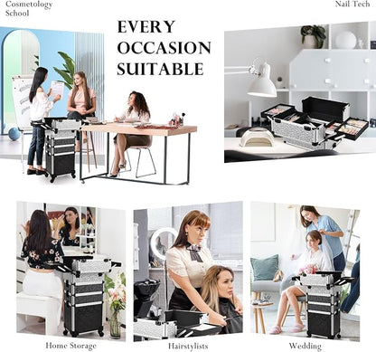 Stagiant Rolling Makeup Train Case Cosmetology Case on Wheels 4 in 1 Large Cosmetic Case with Wheels Makeup Travel Case with Keys Nail Kits Organizer Artist Salon Storage Traveling Cart Trunk Tricolor