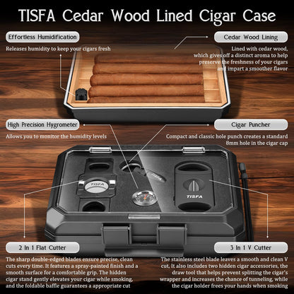 TISFA Cigar Humidor Set Travel Humidor Includes 2 Multifunctional Cutters, Hole Punch, Humidifier, Hygrometer, Portable Cedar Wood Lined Cigar Box Holder Case Gifts for Men (Black)