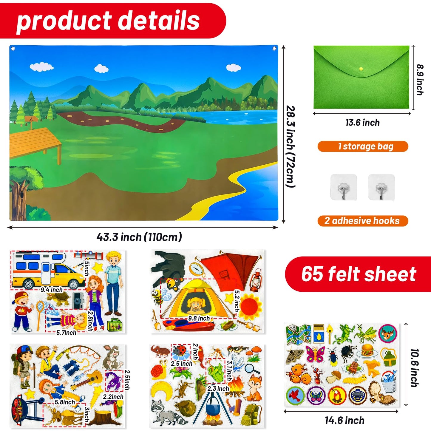 PENGFULL Camping Theme Felt Story Board Set,44 * 28in Flannel Board for Wall,65 Felt Pieces,Theme Story Preschool Storytelling,Learning Interactive,for 3 Years +,Gift for Toddlers Kids Children