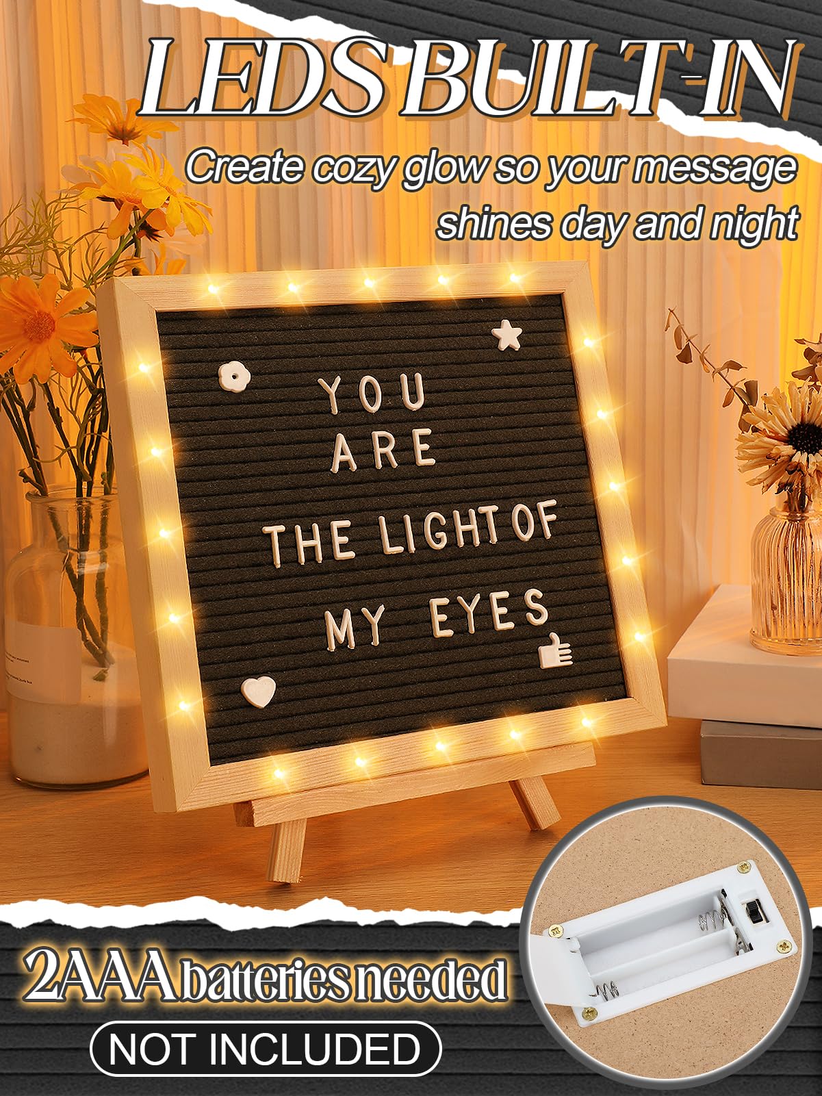 Felt Letter Board with LED Lights - 10 ×10" Custom Message Board with Changeable Letters & Stand, First Day of School Sign/Graduation/Pregnancy/Baby Announcement/Wedding/Classroom Decor, Black