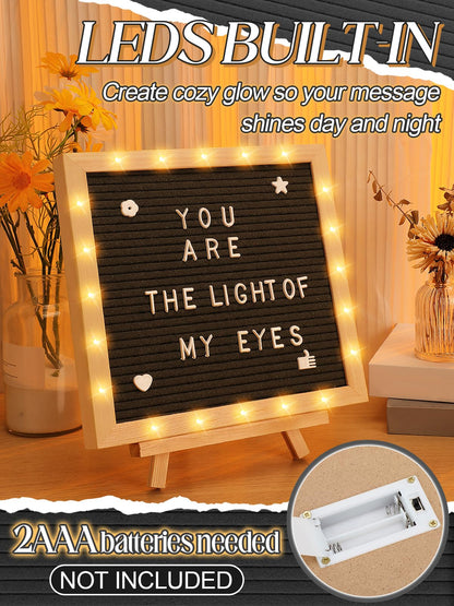 Felt Letter Board with LED Lights - 10 ×10" Custom Message Board with Changeable Letters & Stand, First Day of School Sign/Graduation/Pregnancy/Baby Announcement/Wedding/Classroom Decor, Black
