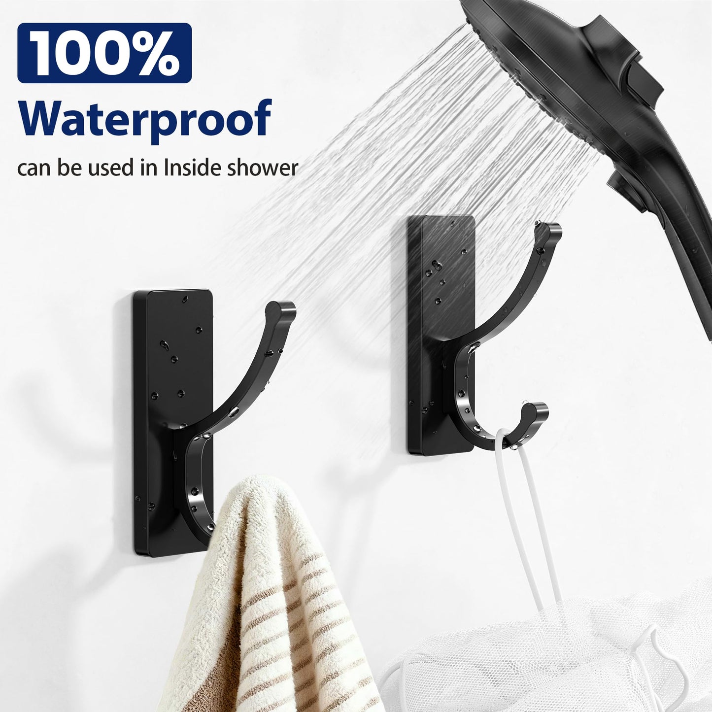 pickpiff Adhesive Wall Hooks with Strip - No Residue, Easy to Remove, Strong Heavy Duty Sticky Towel Hook, 4 Pack Black