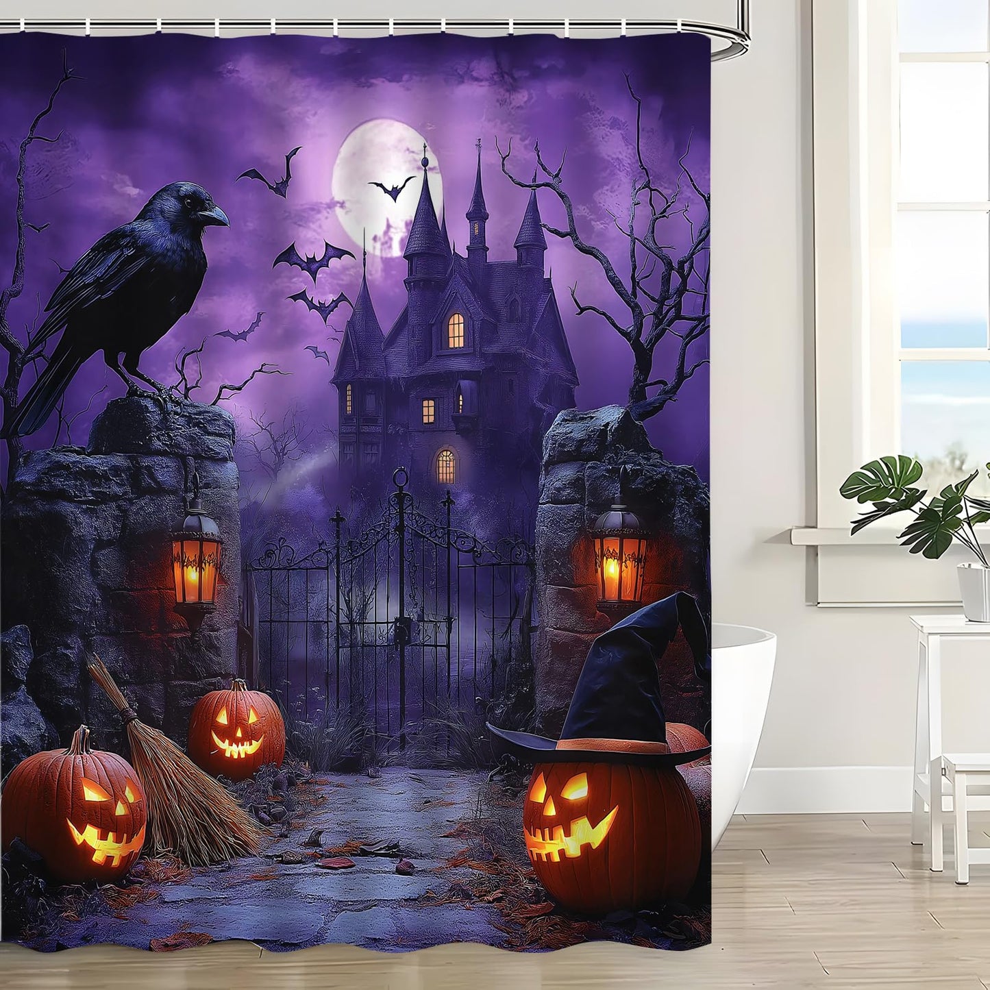 UPUMKSK Purple Haunted Castle Halloween Shower Curtain