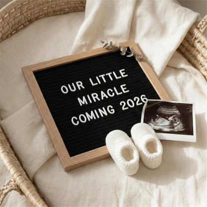 C CRYSTAL LEMON Black Felt Letter Board 10x10in, Baby Announcement Sign & Pregnancy Announcement Board, 336 Pre-Cut Letters, Wooden Frame, Felt Letter Board for Milestone Photos, Wall Mount or Stand