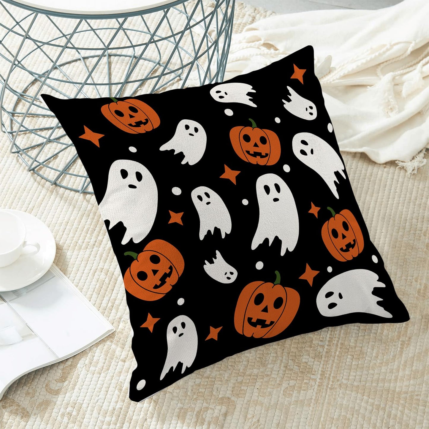 Halloween Pillow Covers 22x22, Cream Spooky Ghost Black Decorative Throw Pillows for Couch, Burnt Orange Pumpkin Decor Cushion Cover 2 Pcs Autumn Fall Outdoor Linen Pillowcase for Bed Car Safa