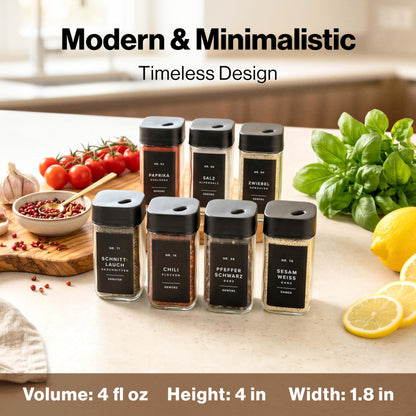 EDELHAUS Square Glass Spice Jars with Label and Black Rotating Lids (24 x 4oz) Spice Containers with 240 Labels, Shaker Inserts, Silicone Funnel, Empty Square Empty Square Seasoning Organizer