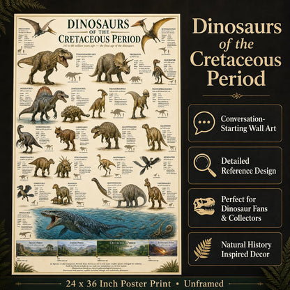 Dinosaurs of the Cretaceous Period Poster 24x36 Unframed Print Educational Dinosaur Chart Wall Art Prehistoric Animal Timeline Paleontology Classroom Decor Science Museum Artwork