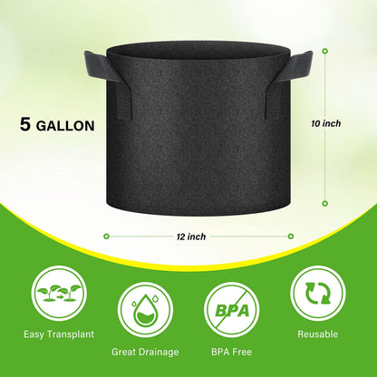 HealSmart 6-Pack 5 Gallon Grow Bags, Nonwoven Aeration Fabric Pots with Handles, Cloth Plant Pots, Suitable for Garden Fruits, Vegetables, Tomato and Flowers, Black