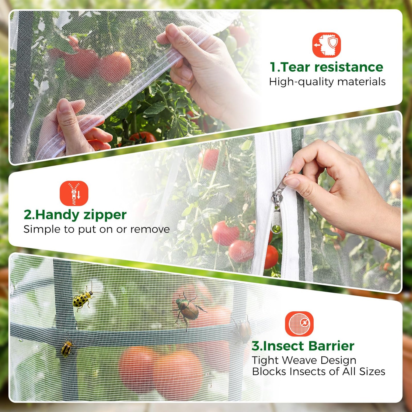 3Pcs Garden Bird Netting Plant Cover for Tomato Cage, 55" x 17.7" Insect Bird Barrier Tomato Cage Net with 20 Clips, Tomato Trellis Plant Netting Cover for Square Tomatoes Cages Plants Protection