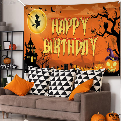 KatchOn, Halloween Happy Birthday Banner - XtraLarge, 72x44 Inch | Spooky Halloween Banner for halloween Birthday Party Decorations | Happy Birthday Backdrop, birthday Decorations Indoor