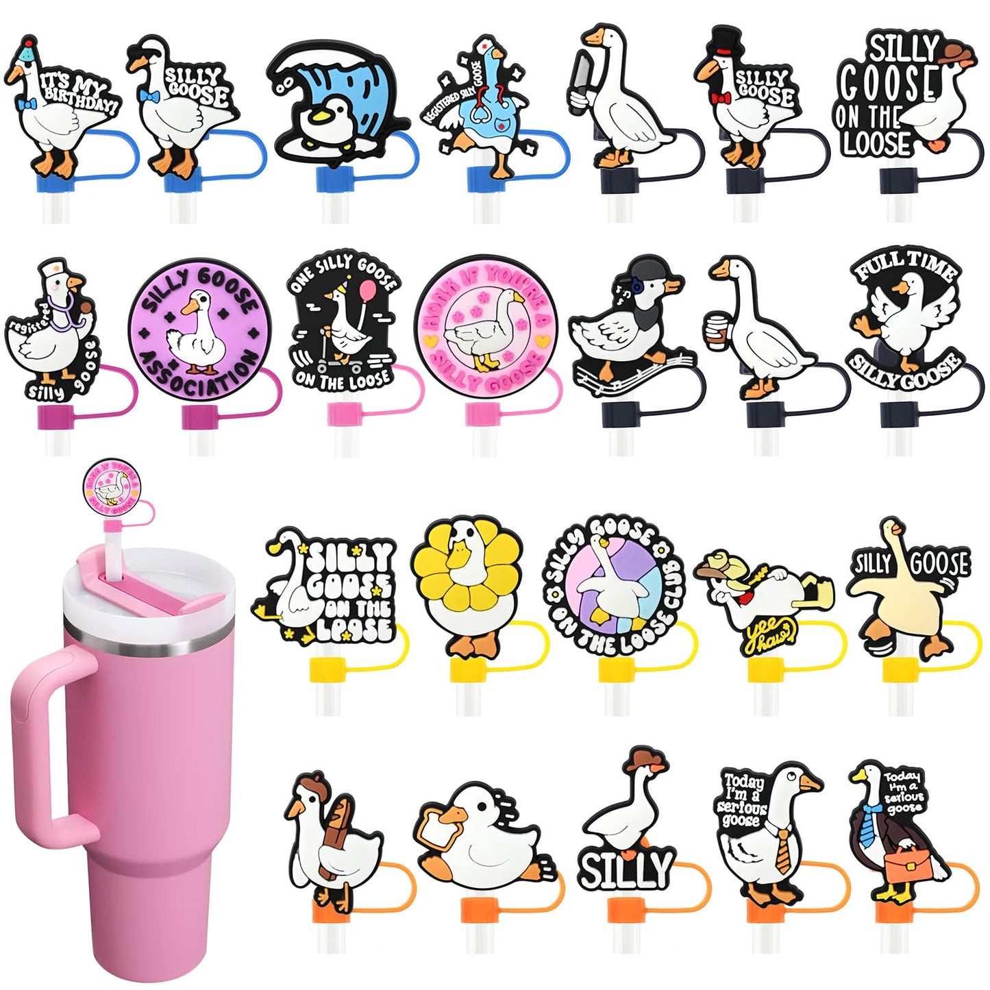 24PCS Silly Goose Straw Cover Cap for Stanley Cup 40oz Cute Tumbler Straw Toppers Bulk Reusable PVC Cute DIY Straws Accessories,fit 0.35-0.4in/10mm Straws Protector Dust-Proof for Party gifts