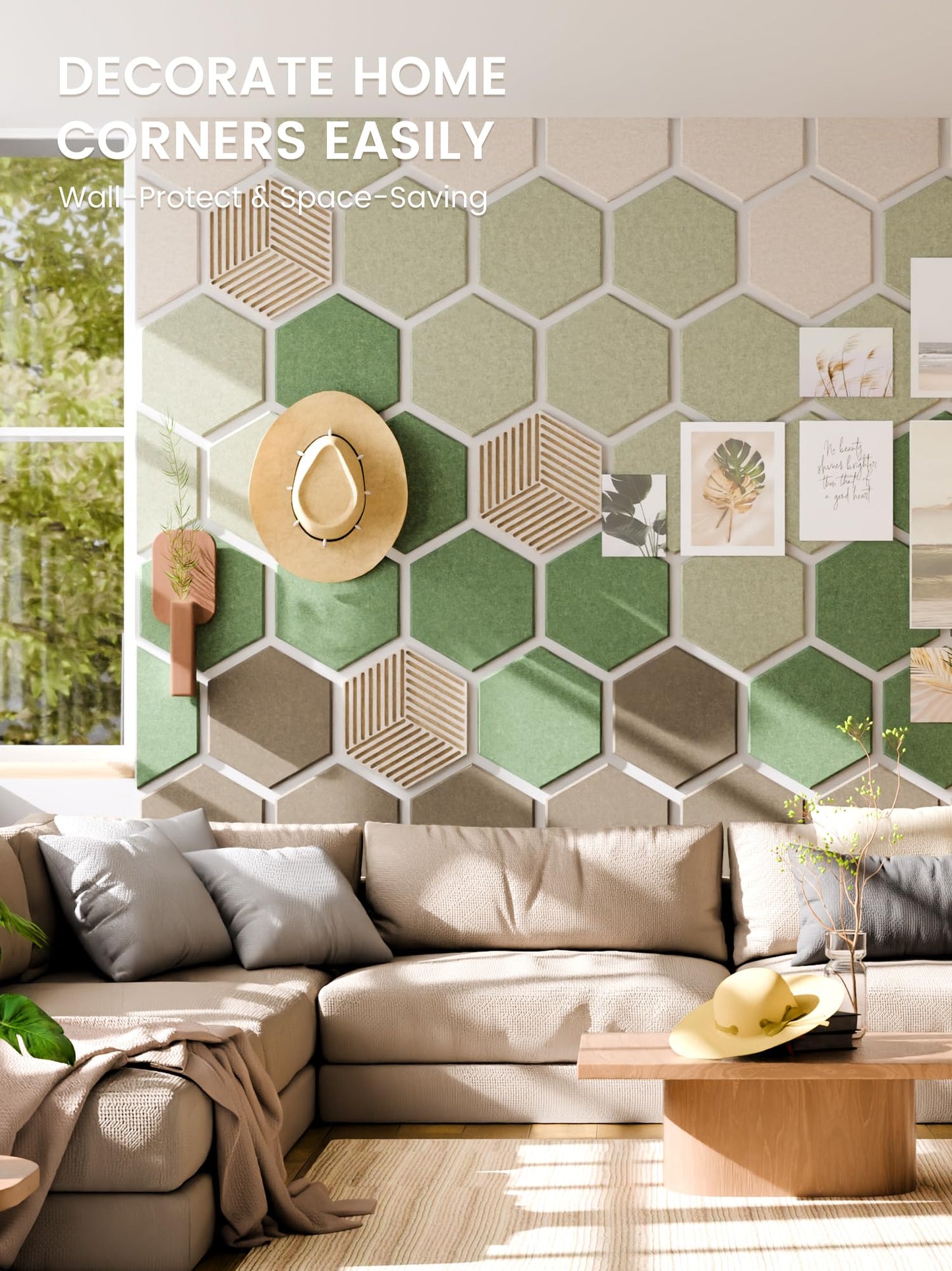 Fluxynara Hexagon Cork Board Alternative for Walls Decor-10-Pack Felt Bulletin Board Tiles,with 30 Pushpins,50 Adhesive Tabs for Office,Classrooms & Home Pin Board Felt Board-Moss Haven