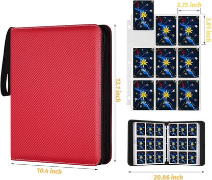900 Pockets Round Ring Trading Card Binder, 9-Pocket Clear Zipper Card Album with Wrist Strap, Holds 900 Standard TCG & Sports Cards, Not Fit Top Loaders(Carbon Red)